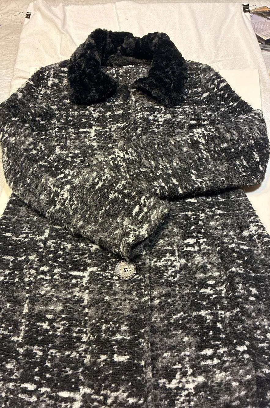 Maria Sole Made in Italy Black and White Textured Boucle Knit Jacket with Faux F